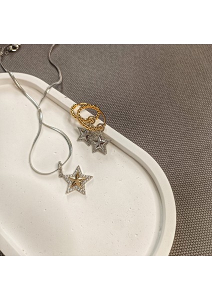 Yıldız Uçlu Kolye & Yıldız Sallantılı Küpe & Üç Renkli Burgu Zincir Kolye 316L Çelik Gold Renk fırsatları