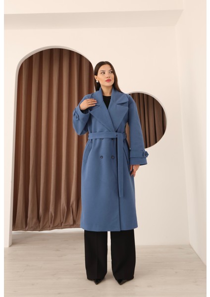 Kadın Indigo Kruvaze Oversize Kuşaklı Uzun Kaşe Kaban modelleri