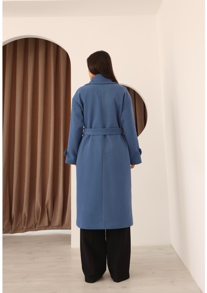 Kadın Indigo Kruvaze Oversize Kuşaklı Uzun Kaşe Kaban indirimleri