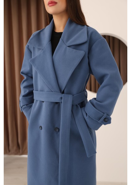 Kadın Indigo Kruvaze Oversize Kuşaklı Uzun Kaşe Kaban