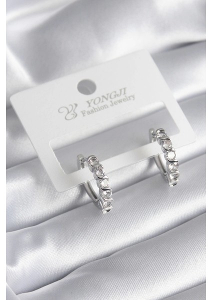 Bfs Pirinç Gümüş Renk Zirkon Taşlı Halka Model Kadın Küpe