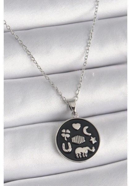 Bfs 316L Çelik Gümüş Renk Siyah Renk Şans Kolyesi