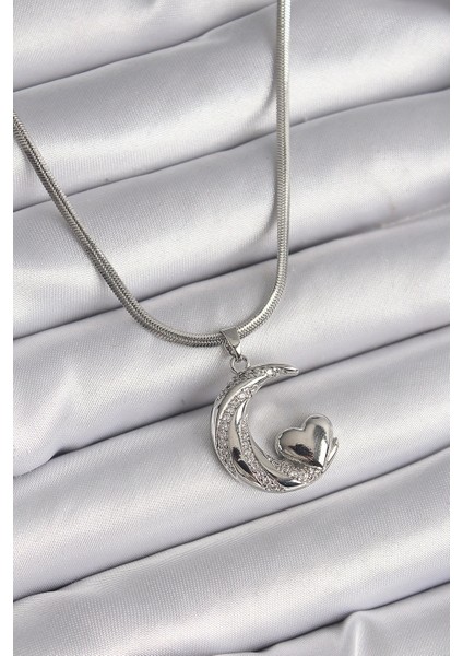 Bfs 316L Çelik Gümüş Renk Italyan Zincir Zirkon Taşlı Halil Figür Kalp Detay Kadın Kolye