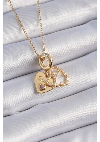 Bfs 316L Çelik Gold Renk Zirkon Taşlı Sonsuzluk Kalp Figür Charm Model Kadın Kolye
