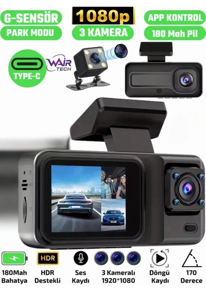 A98 Full Hd 3 Kameralı Araç Içi Güvenlik Kamerası 64GB Uyumlu Ir Gece Görüşü, Ön-Arka-Iç Kayıt