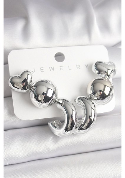 Bfs Gümüş Renk Kalp Halka Figür Ccb Plastik Kadın Küpe Seti