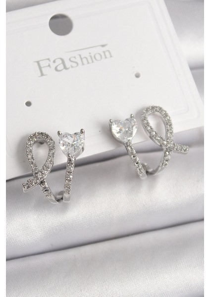 Bfs Pirinç Gümüş Renk Düğüm Model Zirkon Taşlı Kalp Detay Kadın Küpe