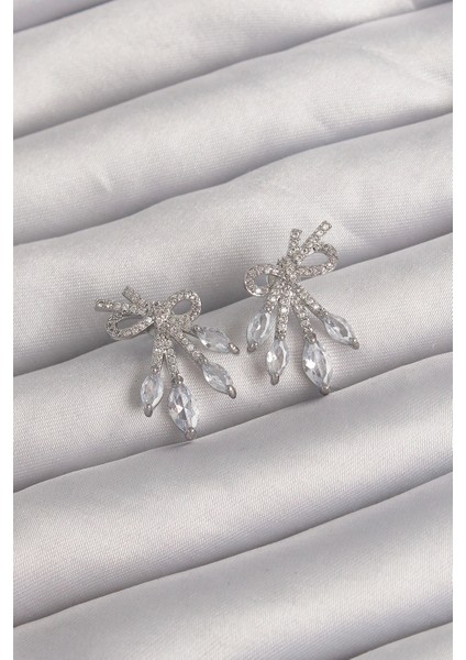 Bfs Pirinç Gümüş Renk Zirkon Taşlı Fiyonk Küpe