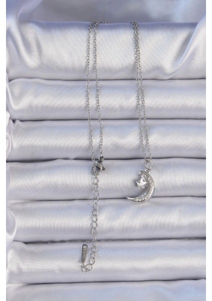 Bfs 316L Çelik Zincir Gümüş Renk Zirkon Taşlı Sallantılı Ay Yıldız Kolye fiyatları