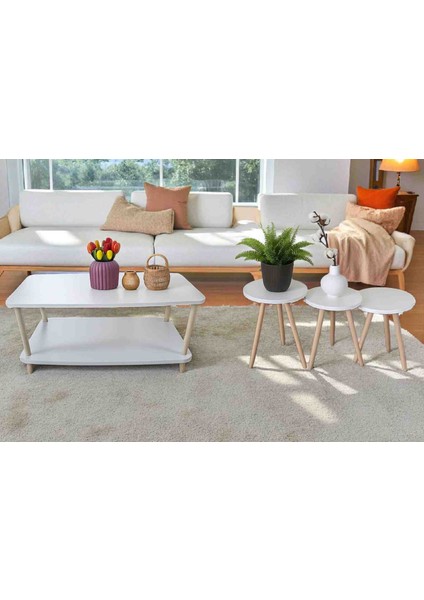 Orta Sehpa Yan Sehpa Zigon Sehpa Takımlı Ahşap Ayaklı Atlantik Çam Desenli