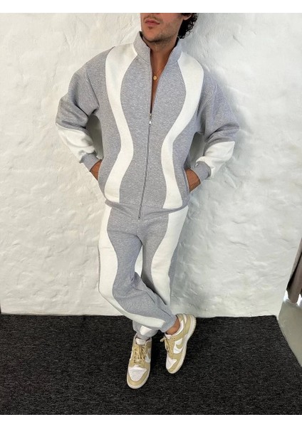 Erkek Premium Parçalı Eşofman Takım - Dik Yaka Fermuarlı Sweatshirt, - Gri