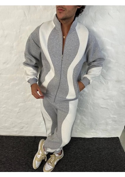 Erkek Premium Parçalı Eşofman Takım - Dik Yaka Fermuarlı Sweatshirt, - Gri