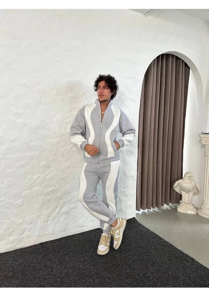 Erkek Premium Parçalı Eşofman Takım - Dik Yaka Fermuarlı Sweatshirt, - Gri