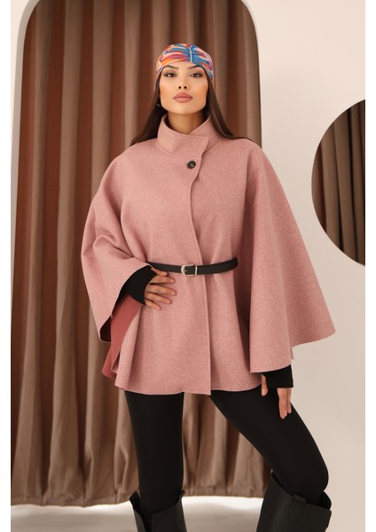 Kadın Pembe Kemer Detaylı Pelerin Panço Kaban
