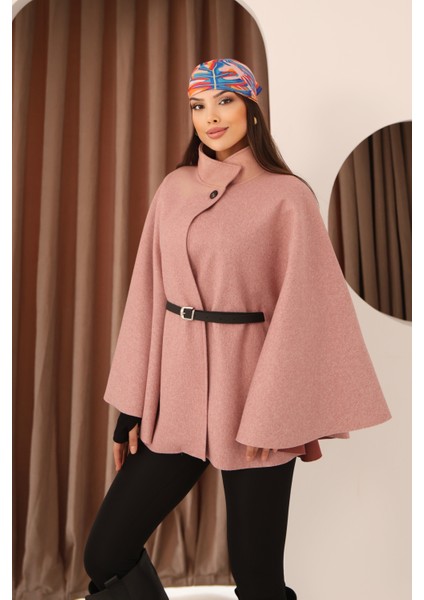 Kadın Pembe Kemer Detaylı Pelerin Panço Kaban fiyatları