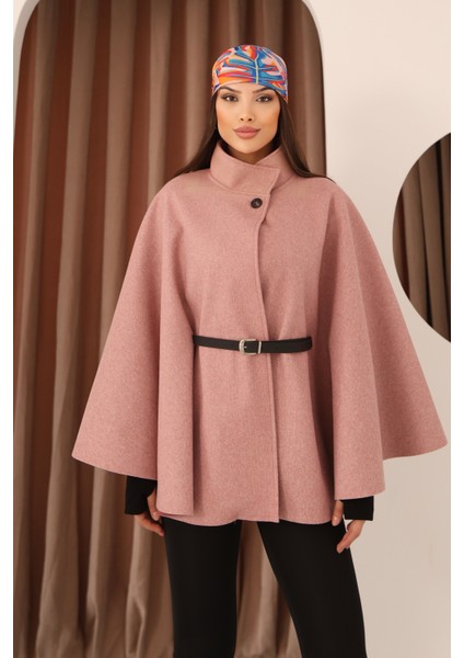 Kadın Pembe Kemer Detaylı Pelerin Panço Kaban modelleri