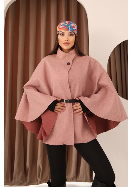 Kadın Pembe Kemer Detaylı Pelerin Panço Kaban indirimleri