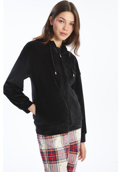Yeni Sezon Kapüşonlu Uzun Kollu Kadife Kadın Pijama Üst
