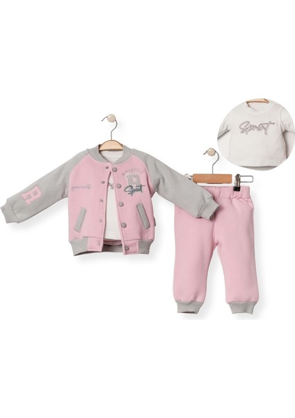 Rıverdale Nakışlı Üç Iplik Şardonlu Kolej Üçlü Alt Üst Takım - Pembe - 6 Ay - SDL7017-PEMBE-6 Ay Pembe