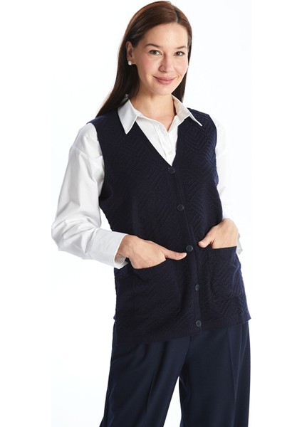 Yeni Sezon V Yaka Kendinden Desenli Kadın Triko Yelek