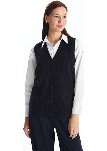 Yeni Sezon V Yaka Kendinden Desenli Kadın Triko Yelek fiyatları