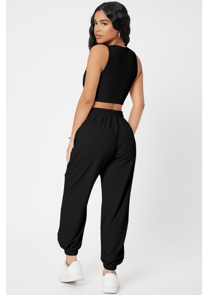 Kadın Siyah Kaşkorse Cepli Jogger Eşofman Altı ve Crop Top Bluz fiyatları