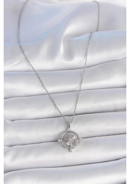 Bfs 316L Çelik Gümüş Renk Zincir Zirkon Taşlı Pusula Model Kadın Kolye fiyatları