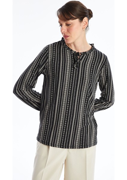 Yeni Sezon Bağlamalı Yaka Desenli Uzun Kollu Kadın Bluz