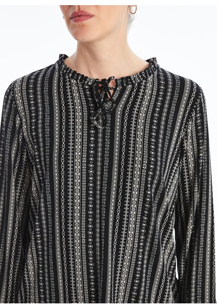 Yeni Sezon Bağlamalı Yaka Desenli Uzun Kollu Kadın Bluz modelleri