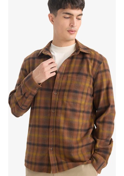 Regular Fit Polo Yaka Kareli Flanel Uzun Kollu Gömlek E8183AX25WN