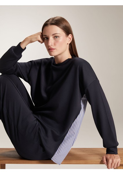Yeni Sezon Bisiklet Yaka Çizgili Kadın Sweatshirt