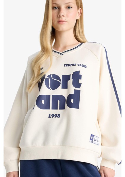 Coool Oversize Geniş Kalıp V Yaka Baskılı Kalın Sweatshirt E8794AX25WN