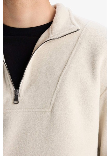 Boxy Fit Dik Yaka Yarım Fermuarlı Polar Sweatshirt E8632AX25WN indirimleri