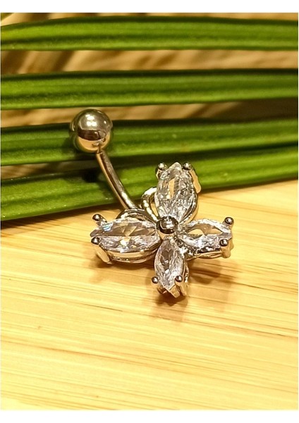 Gümüş Renk Taşlı Göbek Pirsıng