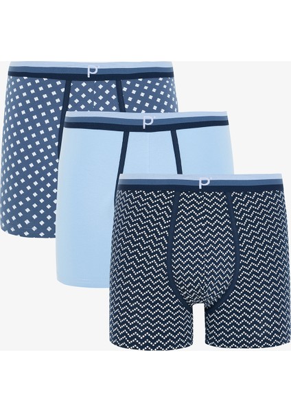 Açık Mavi Erkek Geometrik Desenli 3'lü Boxer