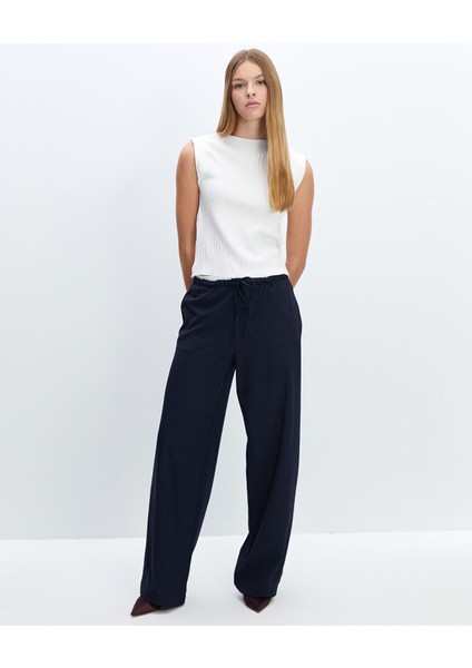 Yeni Sezon Beli Lastikli Çizgili Kadın Pantolon