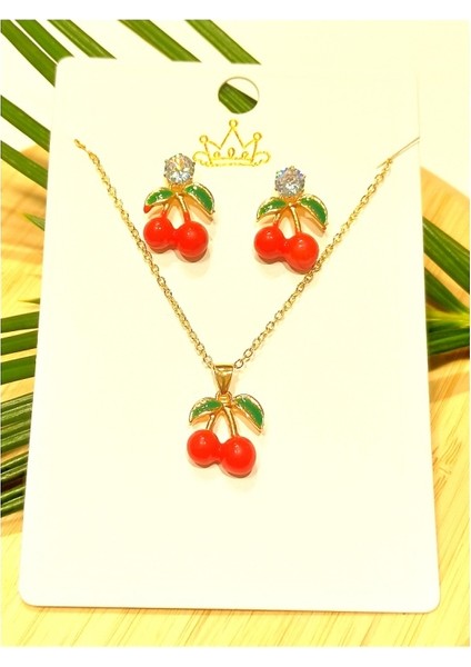 Renkli Kiraz Küpe Kolye Set