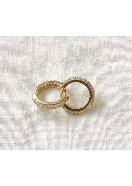 Çift Taraflı Taşlı Halka Altın Küpe