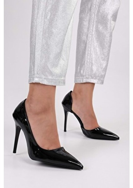 Kadın Stiletto Siyah Rugan Deri Yüksek Topuklu Konforlu Ayakkabı