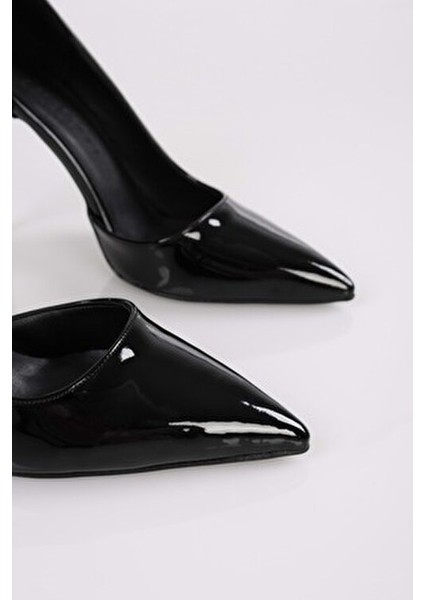 Kadın Stiletto Siyah Rugan Deri Yüksek Topuklu Konforlu Ayakkabı