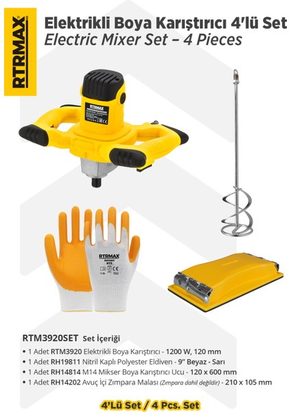 RTM3920SET Elektrikli Boya Karıştırıcı 4'lü Set - Eldiven-Boya Karıştırıcı Ucu-Zımpara Malası