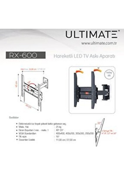 RX-600 40-55 İnç TV Askı Aparatı Her Yöne Hareket Kabiliyeti ile Konforlu İzleme fiyatları