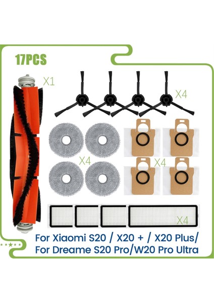 Xiaomi S20 / X20 + / X20 Plus/dreame S20 PRO/W20 Pro Ultra Ana Yan Fırça Hepa Filtre Paspas Bezi Toz Torbaları (Yurt Dışından)