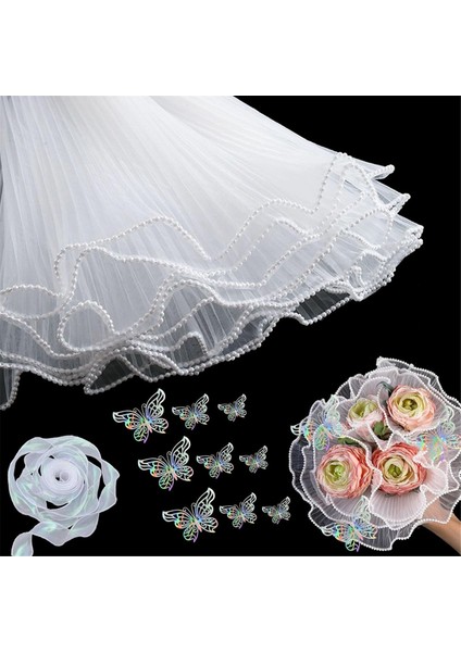 Beyaz Çiçek Sarma Kağıdı Kiti 4.37 Yarda Buketler Için Inci Dantel Örgü, Kurdeleler ve 3D Kelebeklerle Dalga Tül (Yurt Dışından) fiyatları