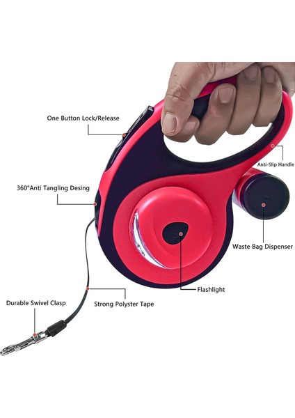 Atık Torbası Dağıtıcı ve El Feneri ile Geri Çekilebilir Köpek Tasması, 110LBS Kırmızı&#39;ya Kadar Küçük Orta Köpek Için 26FT Köpek Tasması (Yurt Dışından) fiyatları