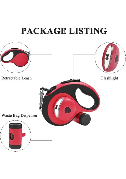 Atık Torbası Dağıtıcı ve El Feneri ile Geri Çekilebilir Köpek Tasması, 110LBS Kırmızı&#39;ya Kadar Küçük Orta Köpek Için 26FT Köpek Tasması (Yurt Dışından) indirimleri