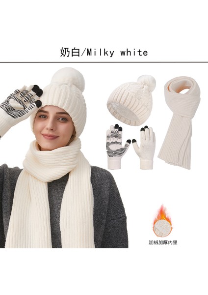 Örgü Şapka Atkı Eldiven Üçlü Set Kadın Kış Yeni Kalın Koruyucu Kulak Isıtıcı Şapka Boyunluk Seti (Yurt Dışından)