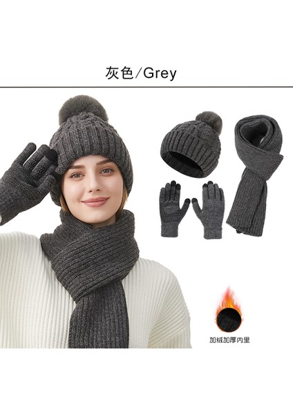 Örgü Şapka Atkı Eldiven Üçlü Set Kadın Kış Yeni Kalın Koruyucu Kulak Isıtıcı Şapka Boyunluk Seti (Yurt Dışından)