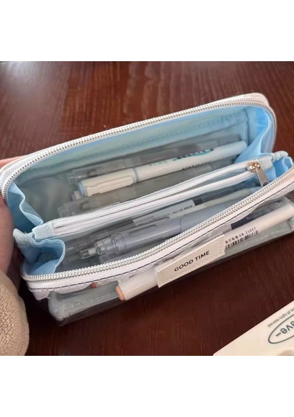 Yeni Japon Basit Şeffaf Kalem Çantası, Çift Katmanlı Minimalist Tarz Kırtasiye Kutusu, Ortaokul ve Liseler Için Süper Popüler Kız Niş Kırtasiye (Yurt Dışından) fiyatları