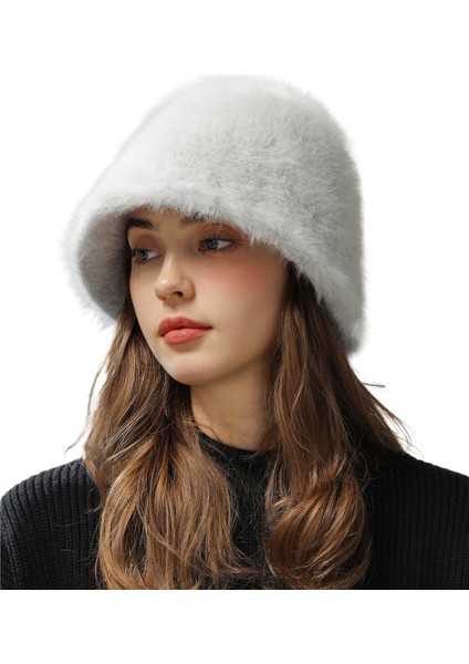 Büyük Başlı Hakiki Tavşan Kürkü Peluş Sonbahar-Kış Yüz Maskeli, Yüzünü Küçük Gösteren Kovaya Benzer Balıkçı Şapkası (Yurt Dışından)